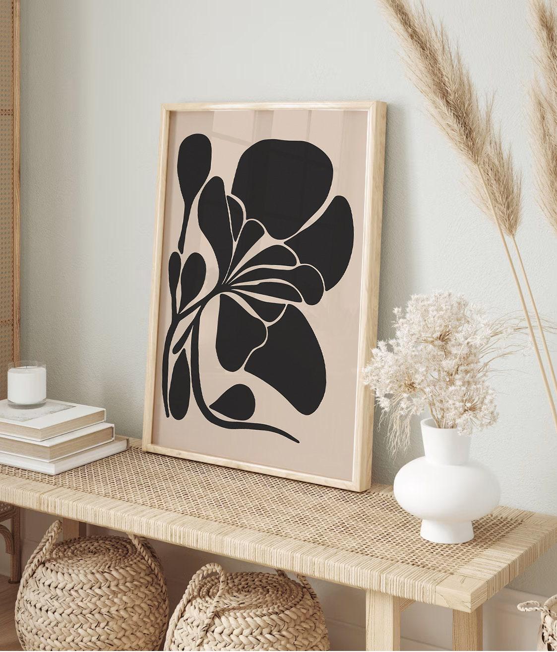 Modern Flower Print Mid Century Wall Art Beige and Black Wall Art ...