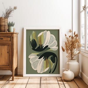 Lámina decorativa floral verde para pared, póster botánico moderno, arte floral verde oliva, lámina minimalista de naturaleza. imagen 9
