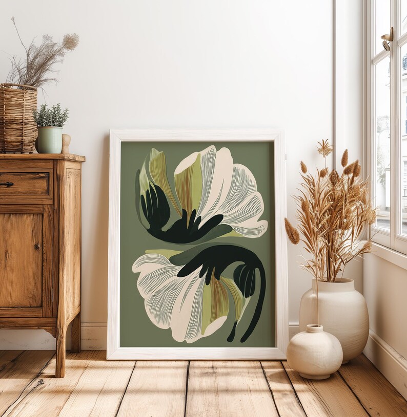 Lámina decorativa floral verde para pared, póster botánico moderno, arte floral verde oliva, lámina minimalista de naturaleza. imagen 9