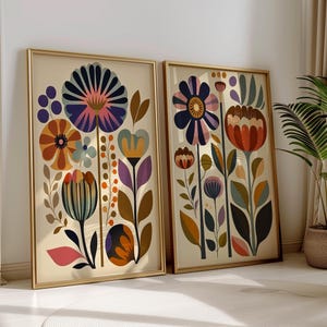 Art mural scandinave, décoration folklorique norvégienne, imprimé floral, lot de 2 impressions murales nordiques, affiche folklorique scandinave, décoration murale bohème, art de salon joyeux