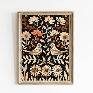 Scandinavian Art Norwegian Folk Art Floral Bird Print Nordic Art Gallery Living Room Art Modern Home Decor, Cafe Art Set Scandi Norway Art image 3