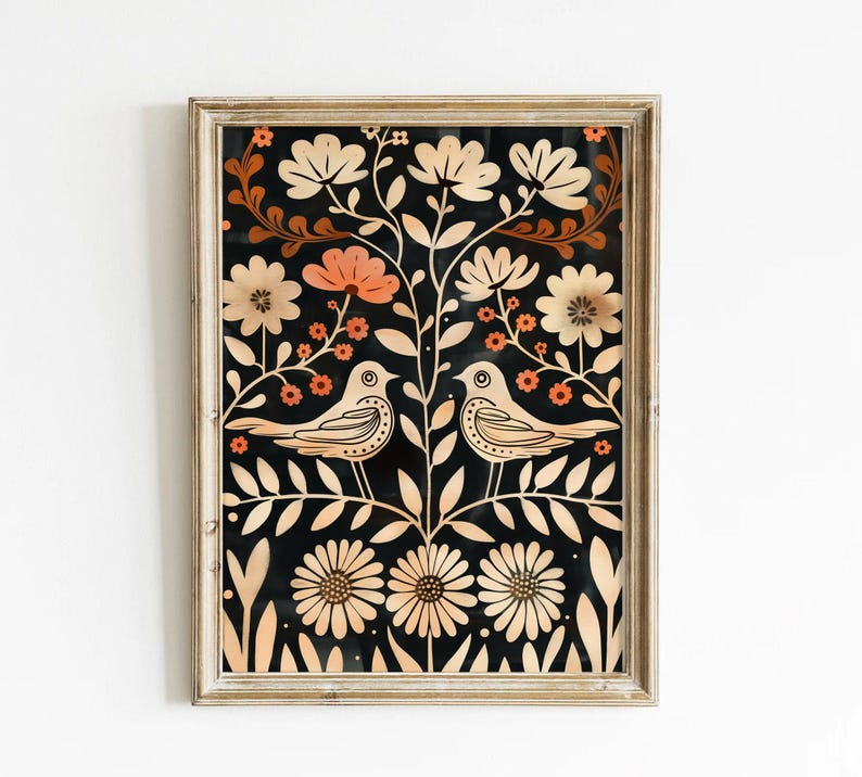 Scandinavian Art Norwegian Folk Art Floral Bird Print Nordic Art Gallery Living Room Art Modern Home Decor, Cafe Art Set Scandi Norway Art image 3
