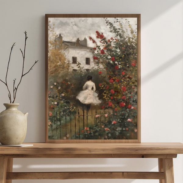 Vintage Painting, Vintage English Cottage Art, Printable Dining Room Decor Digital Download, Rose Garden