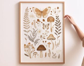 Mushroom Wall Art Wild Mushroom Print Forest Foraging Art Farmhouse Kitchen Print Mushroom Drawing Home Woodland Decor Botanical Kitchen Art
