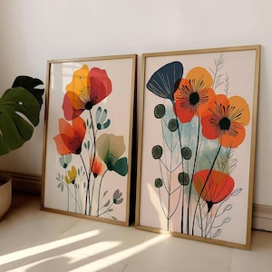 Stampe scandinave di arte astratta del papavero Stampa di fiori colorati Arte moderna della parete botanica Stampa di fiori Arte di fiori scandinavi