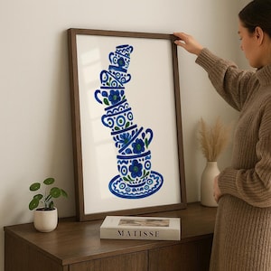 Polish Folk Art Cups Print, Blue Kitchen Wall Art, Włocławek Poster, Polskie Plakaty