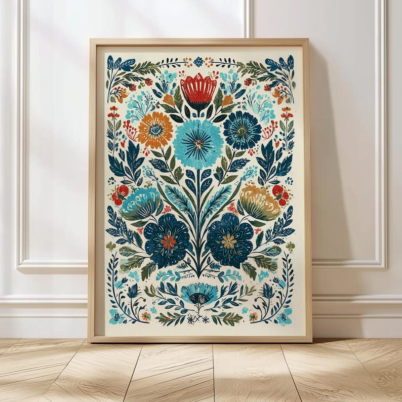Polsk folkkonst Polska plakater Vintage blommig väggkonst Retro Polen heminredning Traditionell polsk gåva Blå blomtryck Polsk folkkonstdesign bild 2