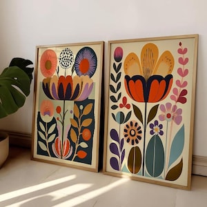 Art scandinave, art folklorique norvégien, imprimé floral, lot de 2 impressions murales nordiques, affiche folklorique scandinave, décoration murale bohème, art de salon joyeux