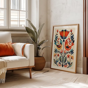 Arte escandinavo, arte popular noruego, estampado floral de pájaros, galería de arte nórdico, arte para sala de estar, decoración moderna para el hogar, conjunto de arte para cafetería, arte escandinavo imagen 7