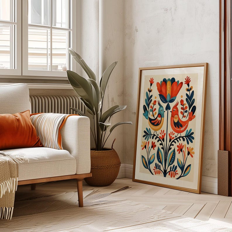 Arte escandinavo, arte popular noruego, estampado floral de pájaros, galería de arte nórdico, arte para sala de estar, decoración moderna para el hogar, conjunto de arte para cafetería, arte escandinavo imagen 7