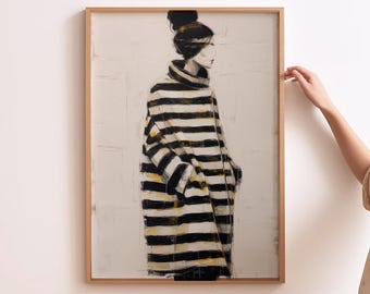 Abstract Woman Art, Mid Century Modern Print, Minimalist Wall Decor, Living Room Abstract Art, Contemporary People Art, Striped People Art