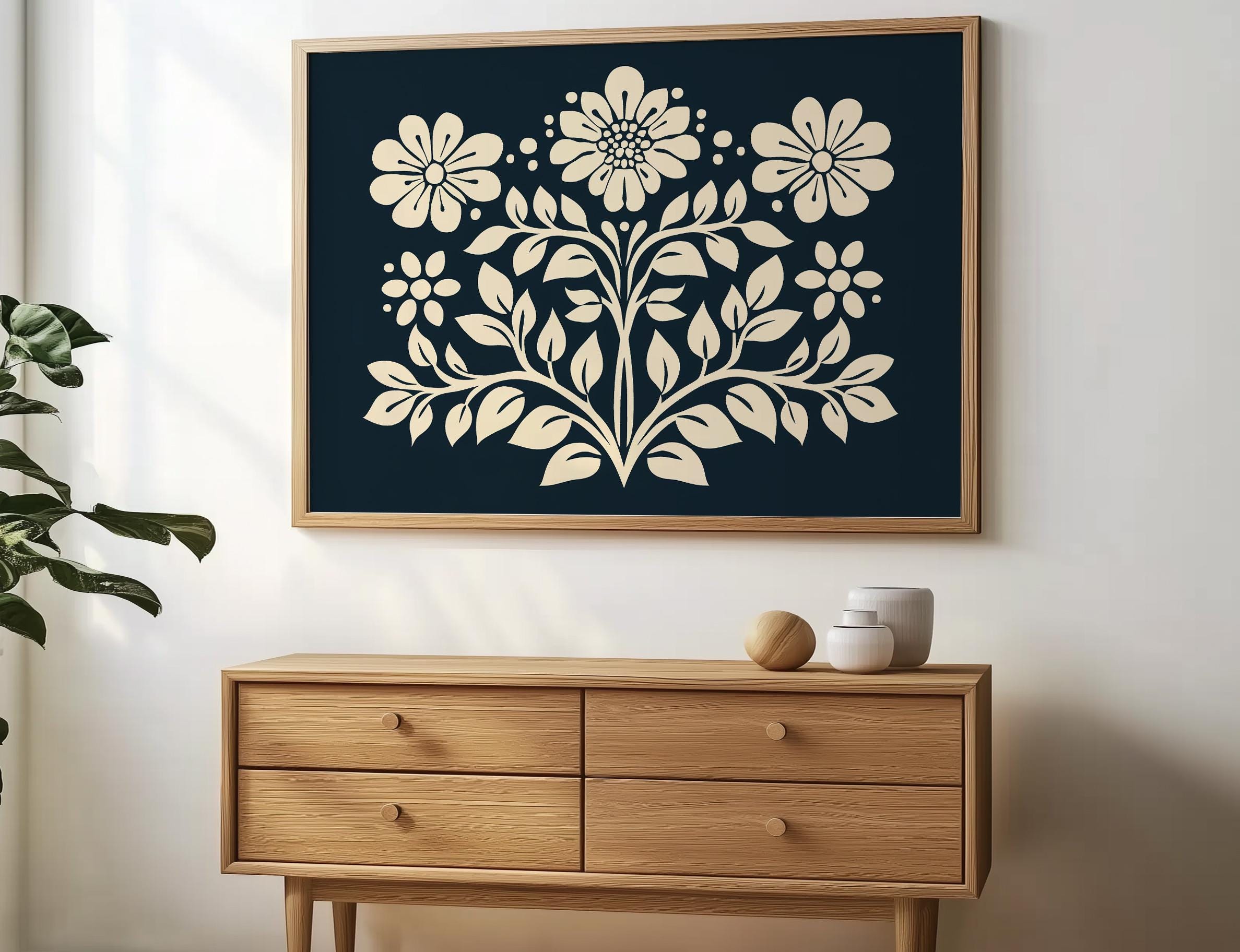 Marineblaue Wand Kunst Folk Blumen Druck Botanische Frühlings Kunst Esszimmer Kunst Frühlingsblume Wandkunst Marine Blauer Druck Polnische Volkskunst