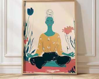 Yogastudio kunst meisje mediteren illustratie mindfulness kunst yoga print rustige muur kunst wellness decor wellness decor voor thuis