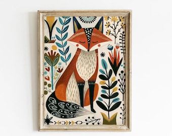 Kids Room Fox Art, Nursery Woodland Decor Folk Fox Print Adventure Prints Scandi Fox Print Scandinavian Kids Art Woodland Nursery Prints