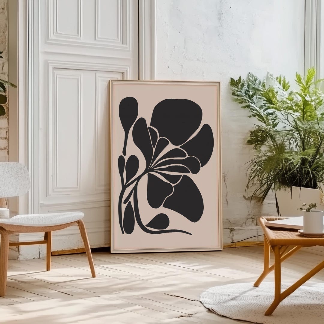 Modern Flower Print Mid Century Wall Art Beige and Black Wall Art ...