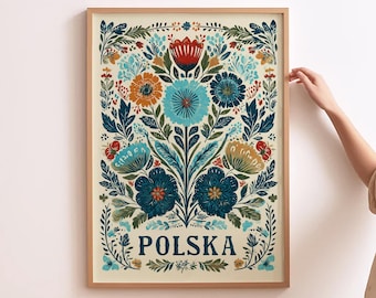 Polnische Volkskunst Vintage polnischen Blumen Wand Kunst Druck Retro Polen Wohnkultur traditionelles polnisches Geschenk Polen Wohndekor blaue polnische Kunst