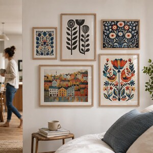 Arte escandinavo, arte popular noruego, estampado floral de pájaros, galería de arte nórdico, arte para sala de estar, decoración moderna para el hogar, conjunto de arte para cafetería, arte escandinavo imagen 11