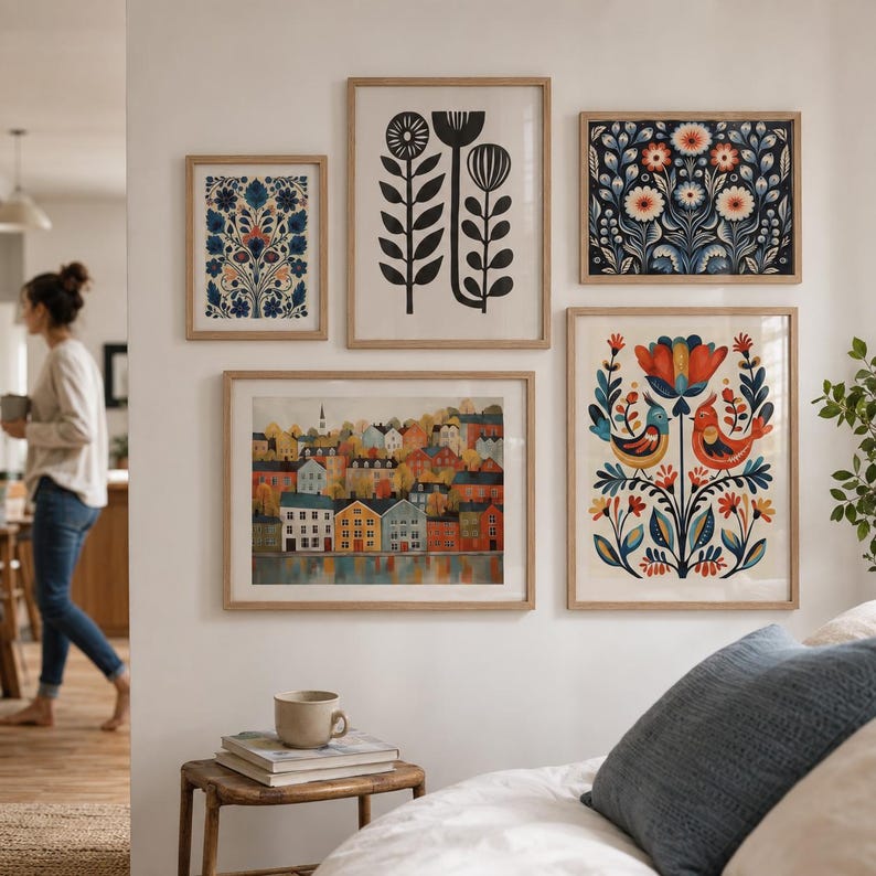 Arte escandinavo, arte popular noruego, estampado floral de pájaros, galería de arte nórdico, arte para sala de estar, decoración moderna para el hogar, conjunto de arte para cafetería, arte escandinavo imagen 11