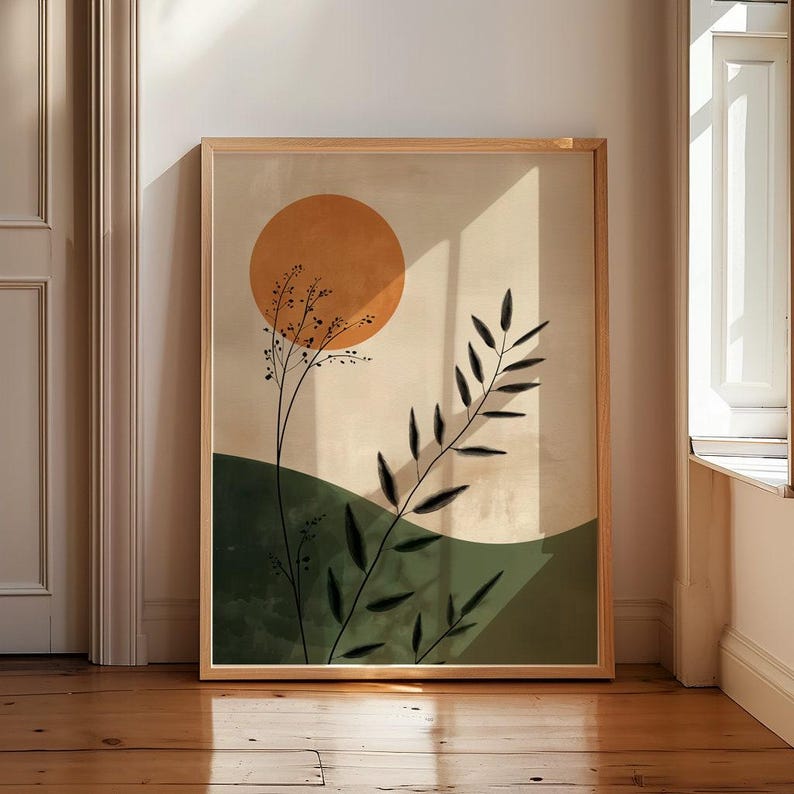 Japandi Wall Art Minimalist Japanese Art Scandi Prints Beige Green Decor Modern Scandinavian Art Japanese Poster Sun Art Scandi Wall Art image 2