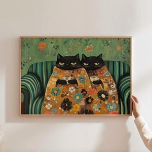 Black Cat Art Funny Cat Prints Grumpy Cat Print Cat Drinking Coffee Cat Lover Wall Art Funny Cafe Art Dark Green Wall Decor Funny Coffee Art image 1
