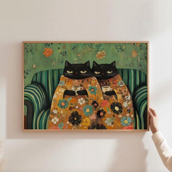 Black Cat Art Funny Cat Prints Grumpy Cat Print Cat Drinking Coffee Cat Lover Wall Art Funny Cafe Art Dark Green Wall Decor Funny Coffee Art