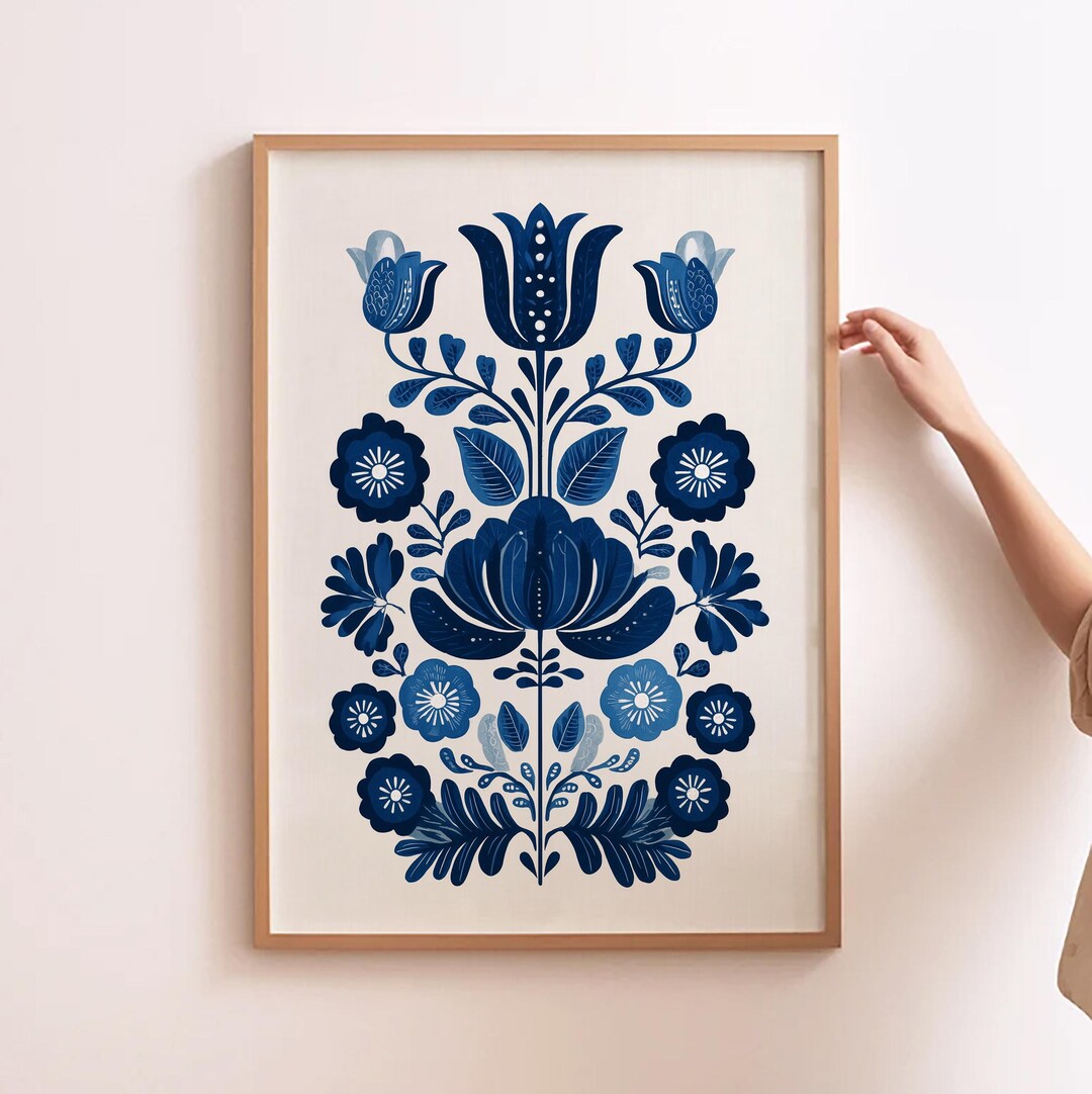 Norwegian Folk Art Blue and White Print Scandi Folklore Art