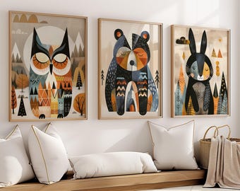 Nordic Animal Prints Set, Woodland Nursery Art, Scandinavian Kids Room Decor