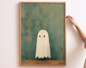 Arte de Halloween vintage, arte de pared fantasma, decoración de casa embrujada, impresión rústica de vacaciones de otoño, linda ilustración de fantasma, decoración de Halloween de granja