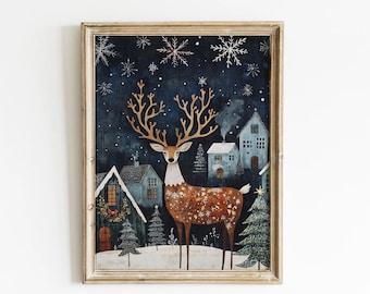 Cuadro navideño escandinavo con ciervos, arte mural imprimible, arte de ciervos, decoración tradicional noruega de invierno, impresiones escandinavas de invierno, decoración navideña
