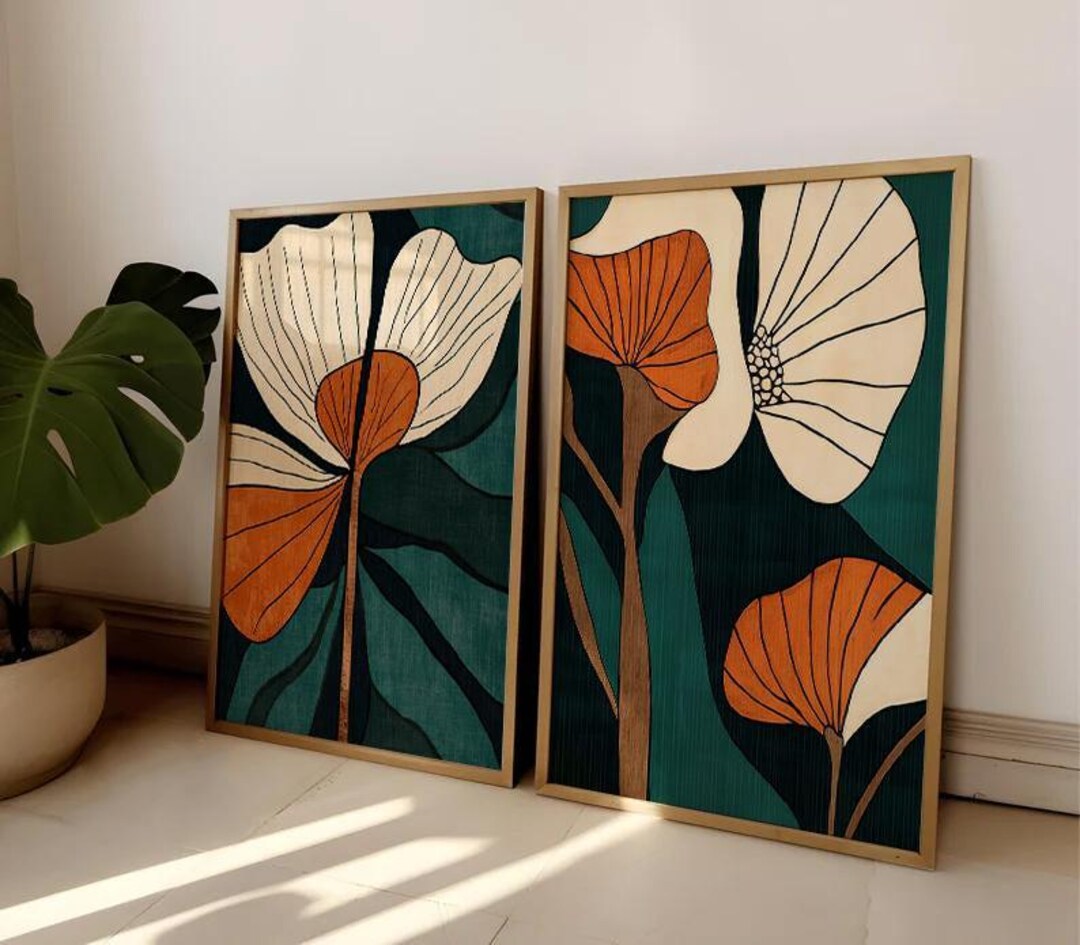 Abstract Botanical Art Floral Set of 2 Modern Flower Wall Art Botanical ...
