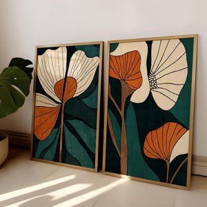 Abstracte botanische kunst bloemen set van 2 moderne bloemen kunst aan de muur botanische slaapkamer print modern interieur print uit het midden van de eeuw retro muurkunst