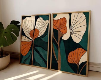 Abstract Botanical Art Floral Set of 2 Modern Flower Wall Art Botanical Bedroom Print Modern Home Decor Mid Century Print Retro Wall Art