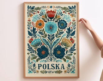 Polish folk art vintage polish floral wall art print retro poland home decor traditional polish gift poland home decor blue polish art