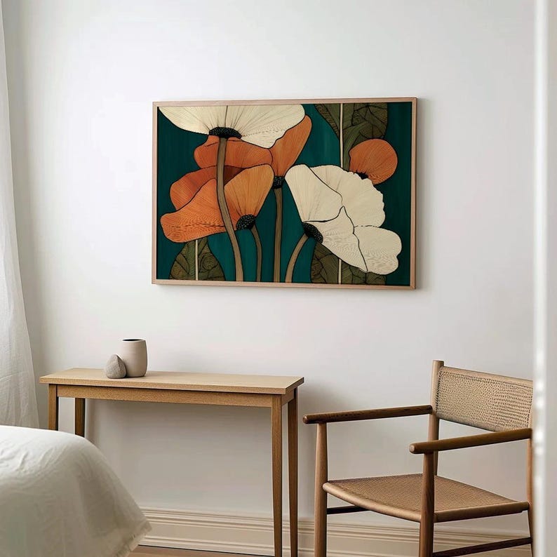 Curated visual reference: Visual Reference: Abstract Botanical Wall Art Floral Teal Print Modern Flower Wall