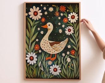 Stampa di anatre da fattoria, stampa di anatre da vivaio, arte popolare, stampa di anatre, arte murale Cottagecore, decorazioni per bambini in stile fattoria, arte fattoria, poster di fiori di campo per vivaio, anatra popolare