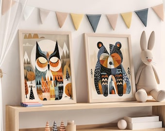 Scandinavian Nursery Art Set Of 2 Nordic Style Nursery Prints Woodland Room Decor Art Nursery Forest Animals Wall Art Nordic Owl Wall Art