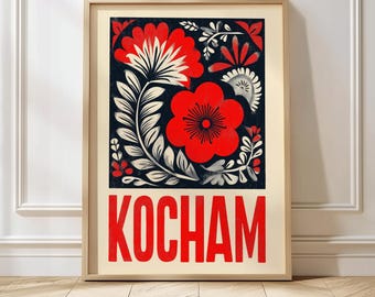 Polish Folk Art Print, Red and Black Floral Wall Art, Vintage Typography Polish Love Artwork, Bold Slavic Folk Design Print