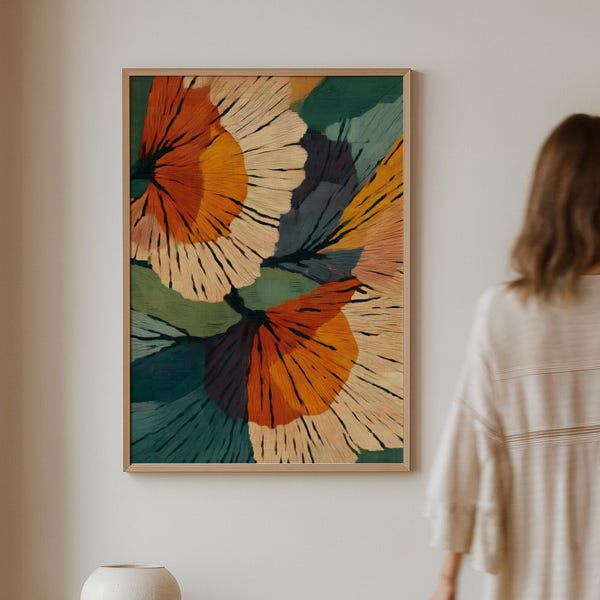 Abstract botanical print, mid-century modern floral art (digital download)