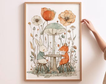 Sztuka leśnego przedszkola Ilustracja leśnego przedszkola Sztuka grzybów Sztuka leśnego przedszkola Wydruk leśnego lisa Dekoracja leśnego przedszkola Herbatka dla zwierząt