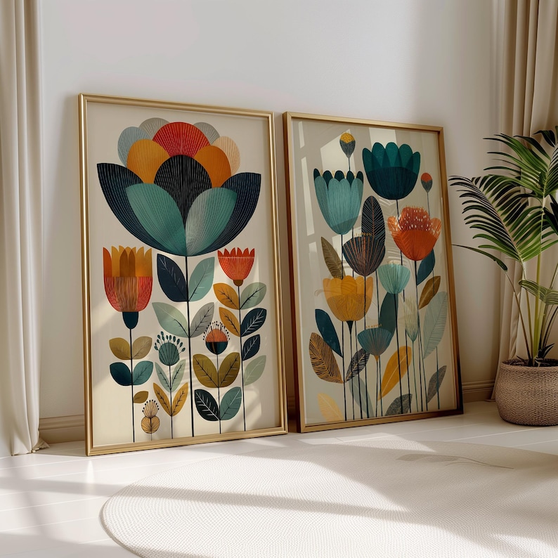 Scandinavian Art Norwegian Folk Art Floral Print Set of 2 Nordic Wall Art Norway Living Room Home Decor Scandi Bedroom Wall Art image 2