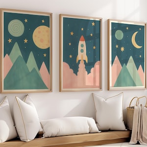 Space Wall Art for Girls, Pink Space Prints, Modern Kids Room Decor, Moon and Stars Poster Set, Playroom Wall Art