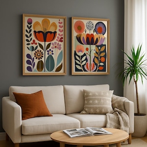 Scandinavian Art Norwegian Folk Art Floral Print Set of 2 Nordic Wall Prints Scandi Folk Poster Boho Wall Decor Happy Living Room Art