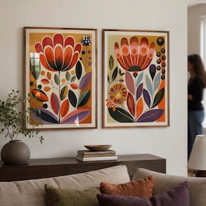Scandinavian Floral Print Set of 2, Norwegian Folk Art, Nordic Botanical Wall Decor, Minimalist Bedroom Living Room Art