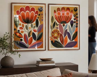 Ensemble de 2 imprimé floral scandinave, art folklorique norvégien, décoration murale botanique nordique, art minimaliste pour salon et chambre à coucher