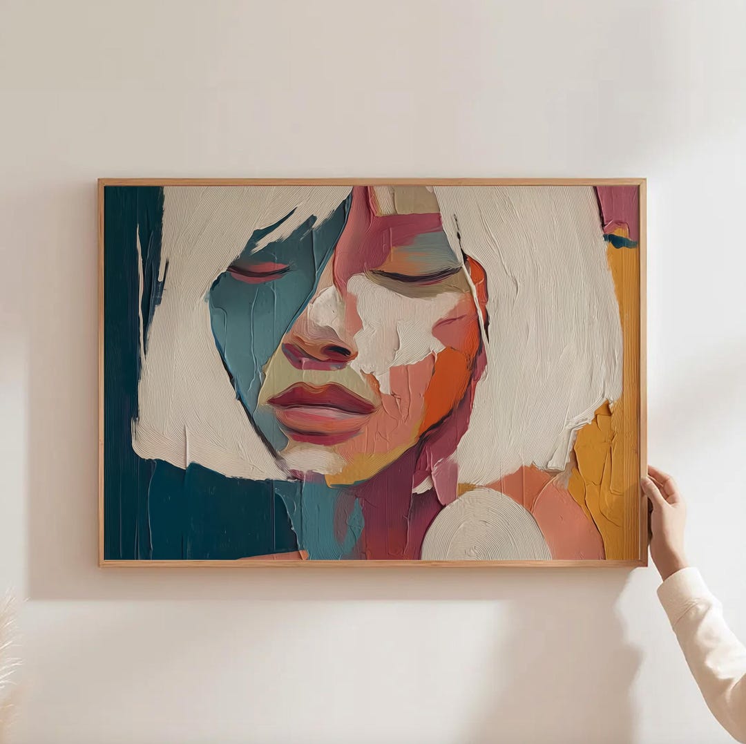 抽象的な女性の顔の油絵、女性的な肖像画の壁アート、ボヘミアンな花柄