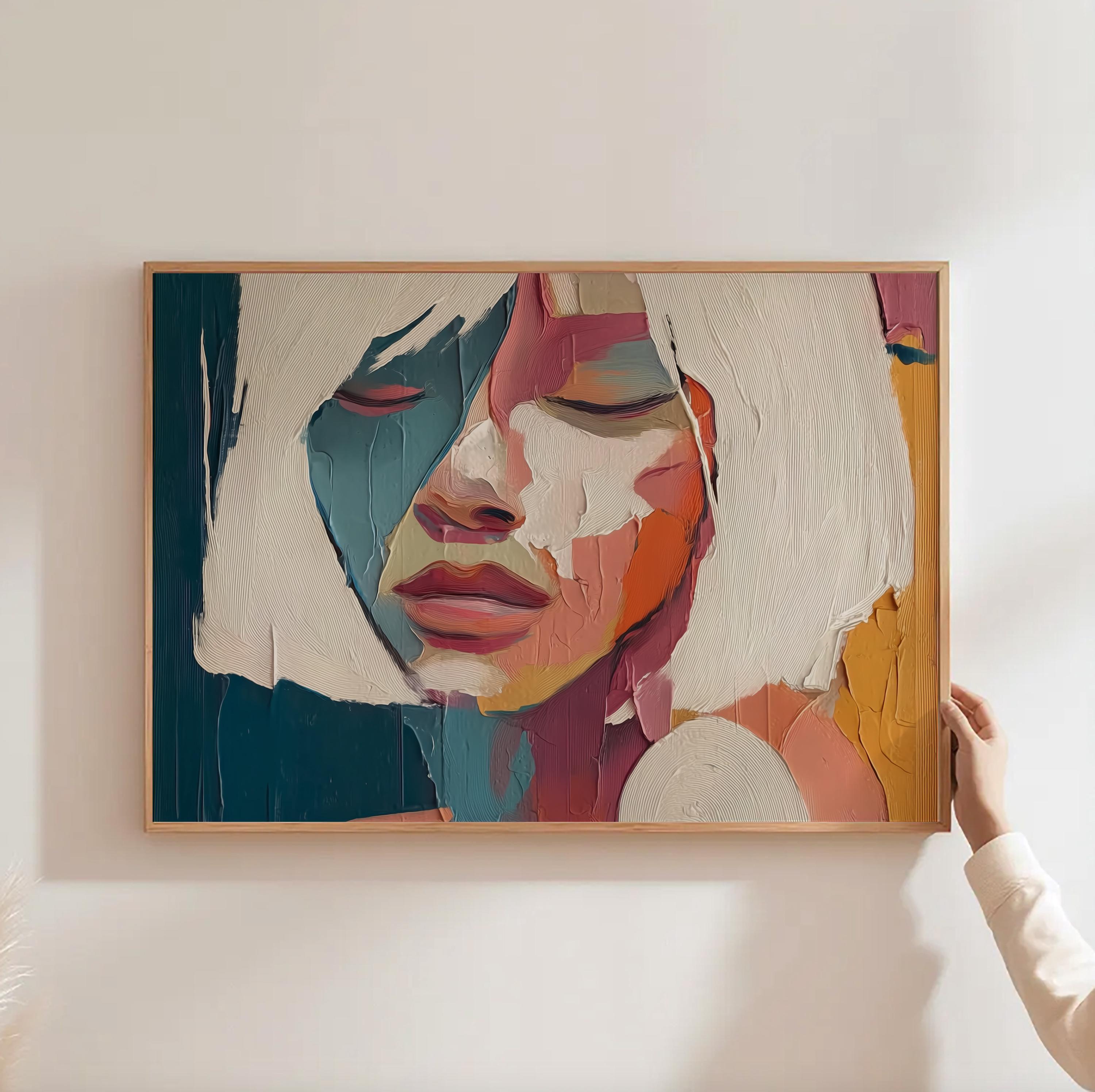 抽象的な女性の顔の油絵、女性的な肖像画の壁アート、ボヘミアンな花柄