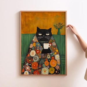 Black Cat Art Funny Cat Prints Grumpy Cat Print Cat Drinking Coffee Cat Lover Wall Art Funny Cafe Art Dark Green Wall Decor Funny Coffee Art
