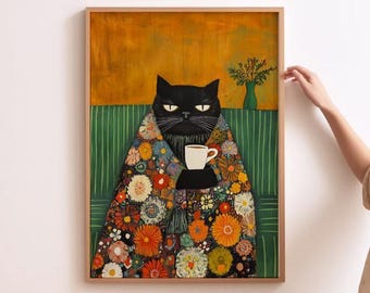 Black Cat Art Funny Cat Prints Grumpy Cat Print Cat Drinking Coffee Cat Lover Wall Art Funny Cafe Art Dark Green Wall Decor Funny Coffee Art