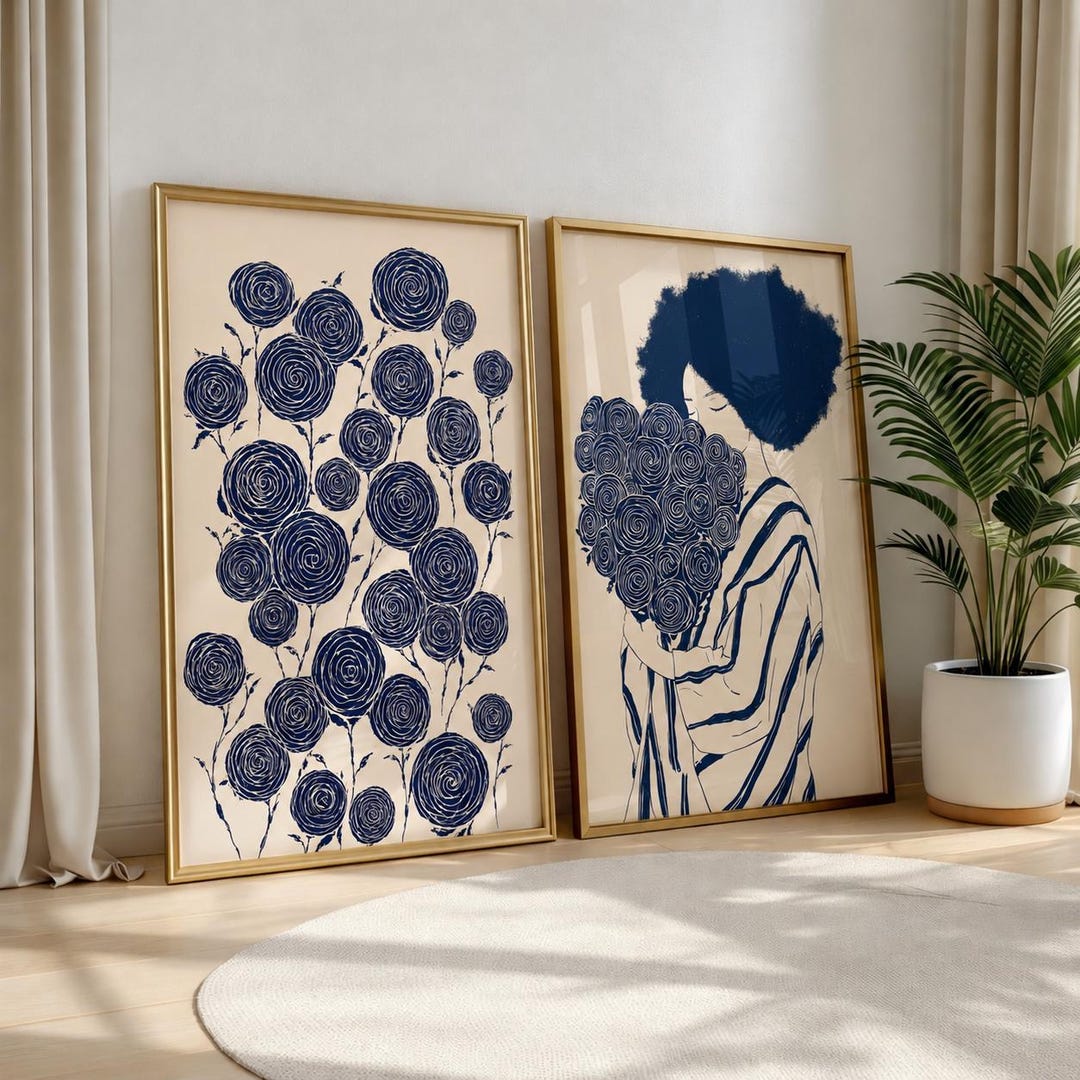 Navy Blue Floral Wall Art Set of 2, Minimalist Flower Print, Abstract ...