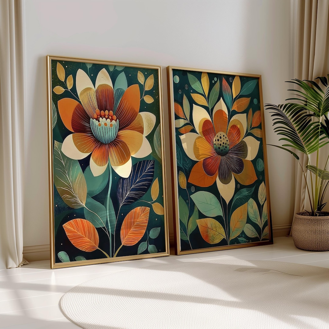 Scandinavian Art Norwegian Folk Art Floral Print Set of 2 Nordic